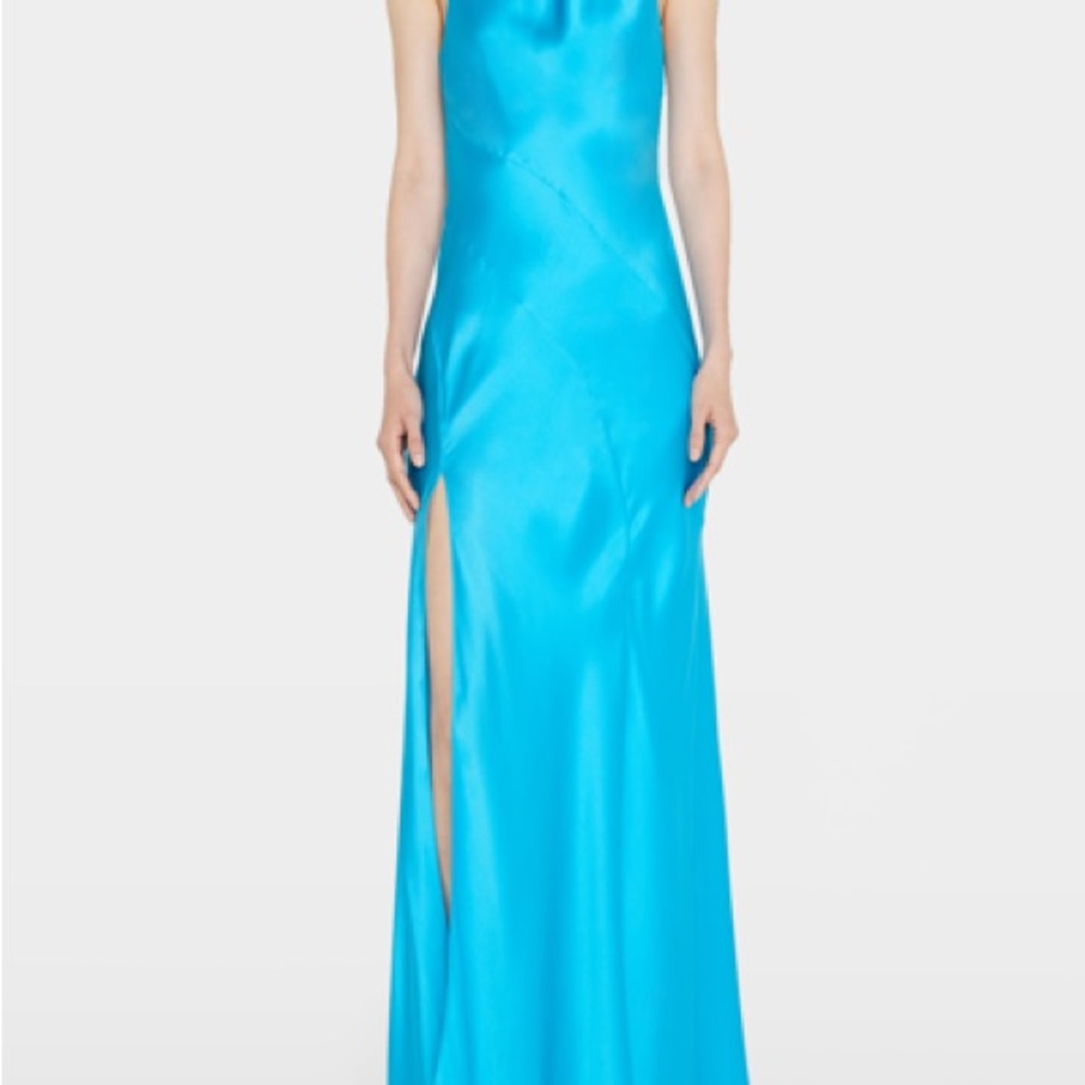 Cinq a Sept Reem Bias-Cut Draped-Back Halter Silk Gown in Atomic Blue